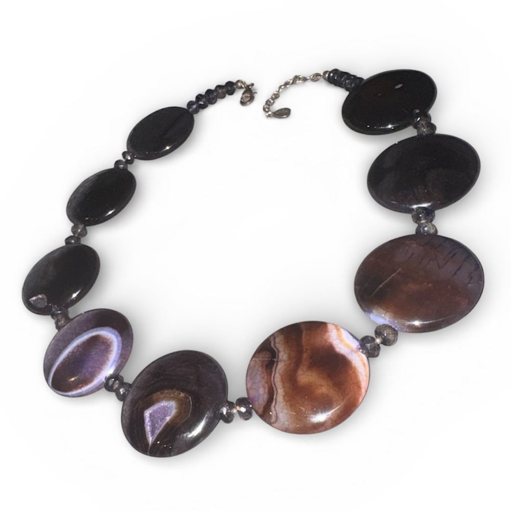 STUDIO BARSE VINTAGE AGATE AND STERLING SILVER BLACK, PURPLE, BROWN NECKLACE 20”